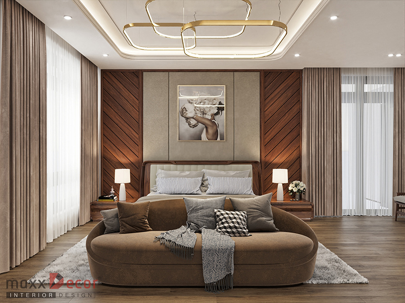 thiết kế nội thất phòng ngủ gỗ óc chó hiện đại