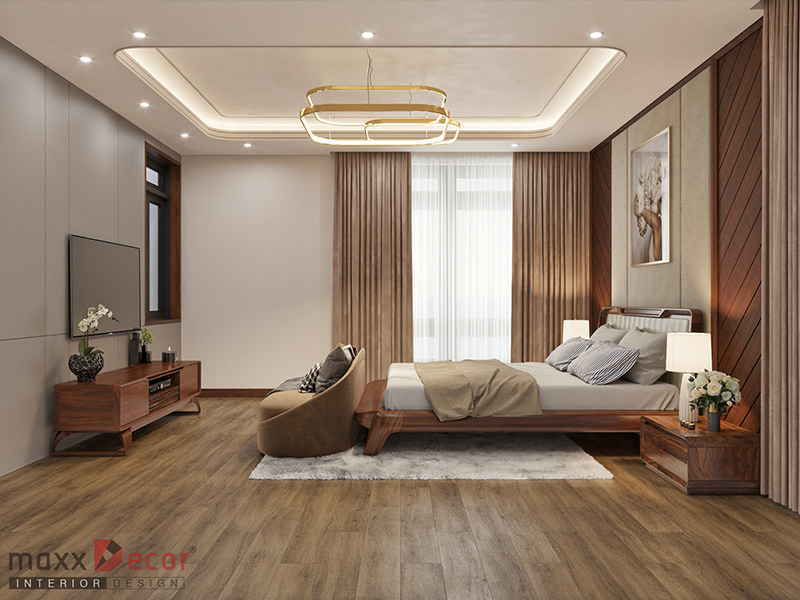 thiết kế nội thất phòng ngủ gỗ óc chó hiện đại